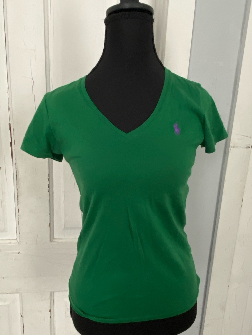 Ralph Lauren Green V-Neck Tee with Purple Polo Logo